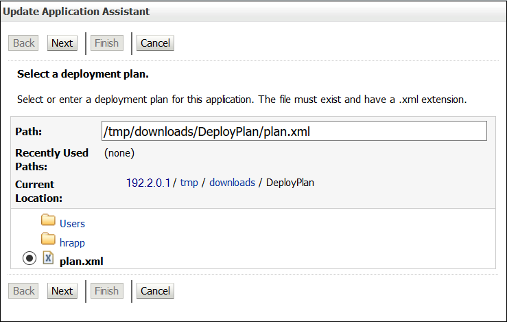 This is the Update Application Assistant window for plan.xml