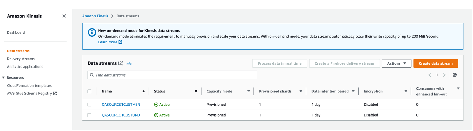 In the AWS Kinesis console check the data streams.