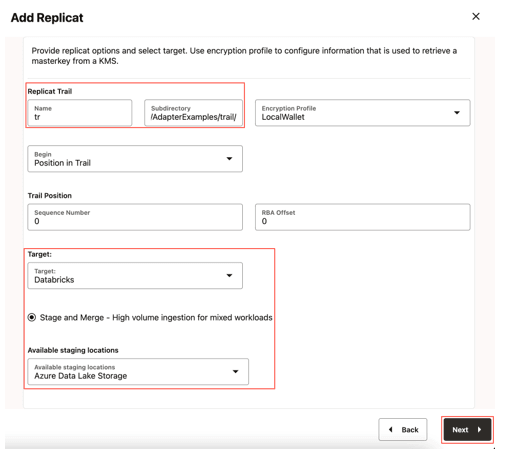 Provide Replicat Options and Select Target.