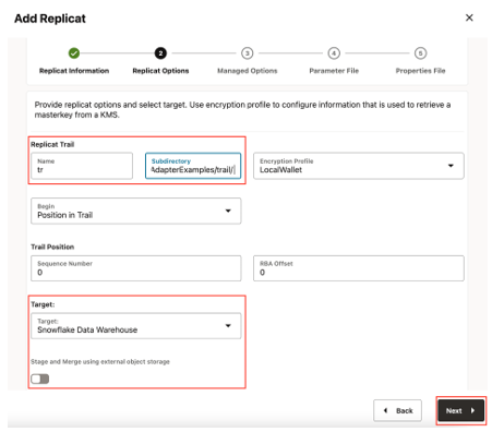 Add Replicat - Replicat Options - Stage and Merge using external object storage is not selected as this quickstart uses internal staging.