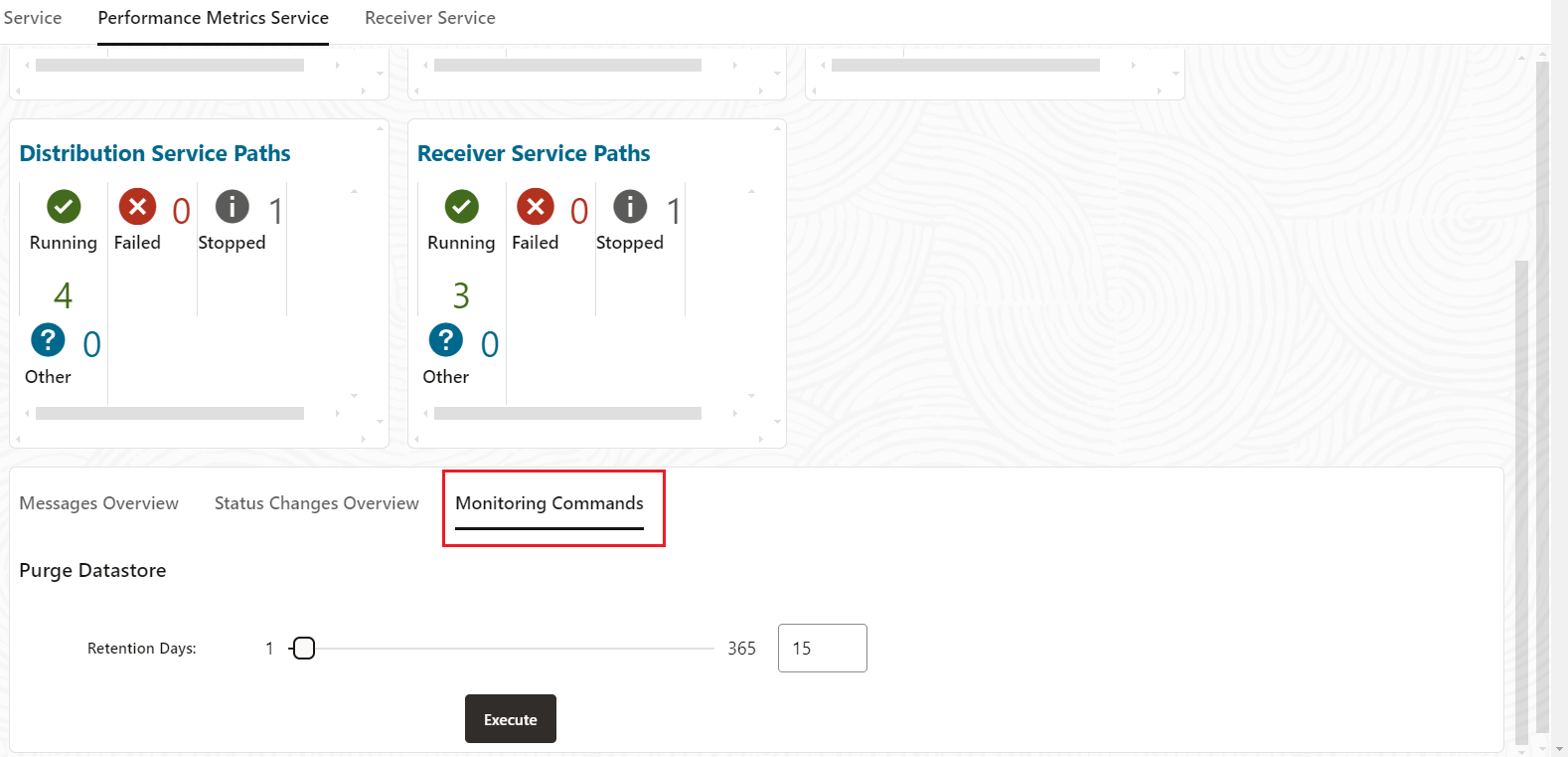 Monitoring Commands tab in Performance Metrics Service with the Purge Datastore option