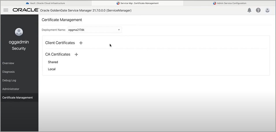 Certificate Management page in Oracle GoldenGate Service Manager