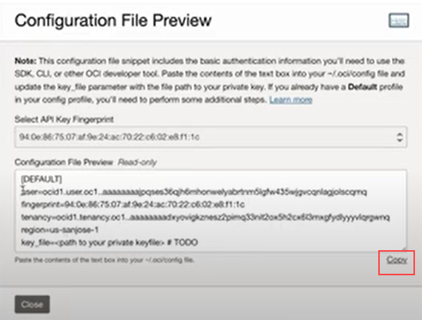 Configuration File Preview dialog box containing fingerprint, tenancy, and other details.