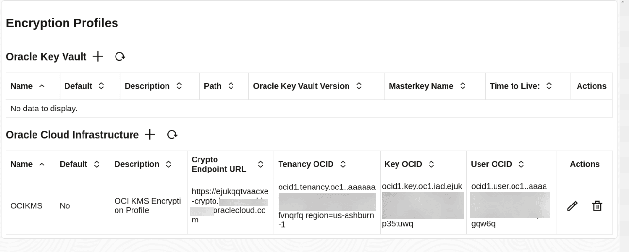OCI KMS encryption profile listed on the Encryption Profiles page.
