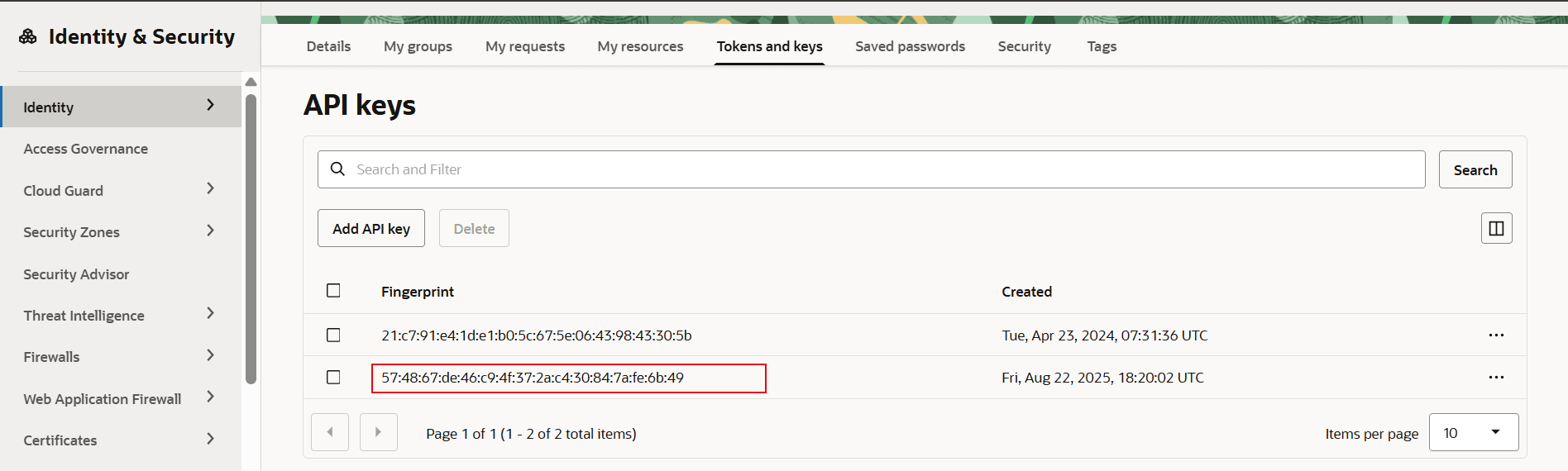 New API key is listed.