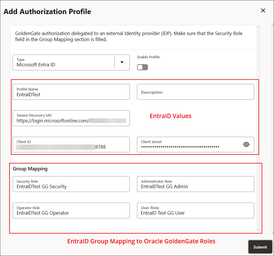 Authorization profile options in Oracle GoldenGate for Microsoft EntraID. Authorization profile options in Oracle GoldenGate for Microsoft EntraID.