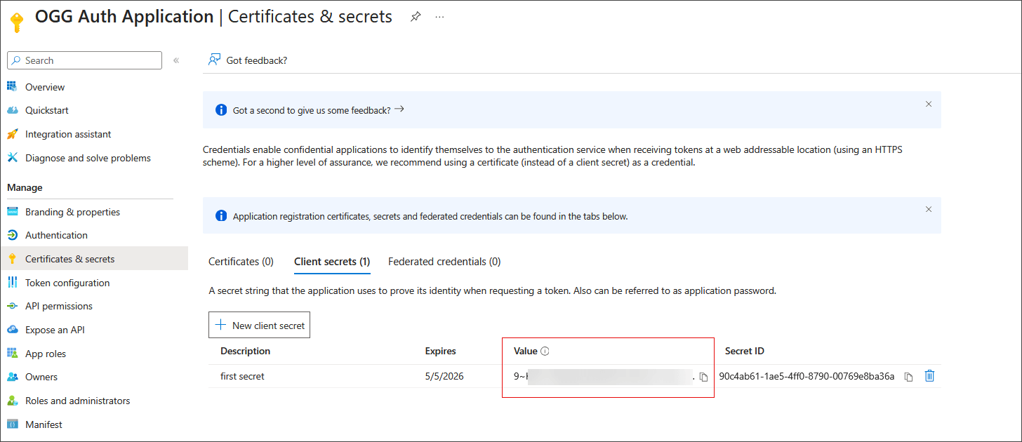 Note down the client secret value that is displayed after adding the client secret. Note down the client secret value that is displayed after adding the client secret.