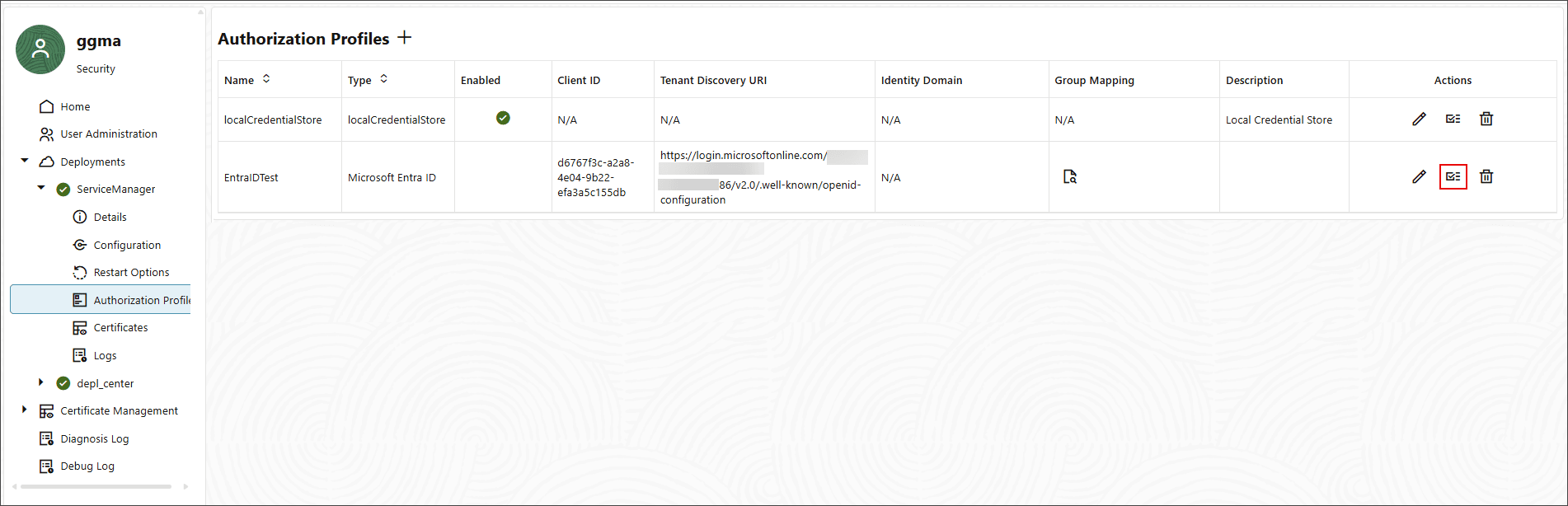 Authorization Profile page in Service Manager displays the EntraID authorization profile. Authorization Profile page in Service Manager displays the EntraID authorization profile.