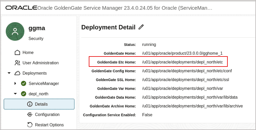 The /etc home directory location as seen from the Service Manager Deployment Detail page