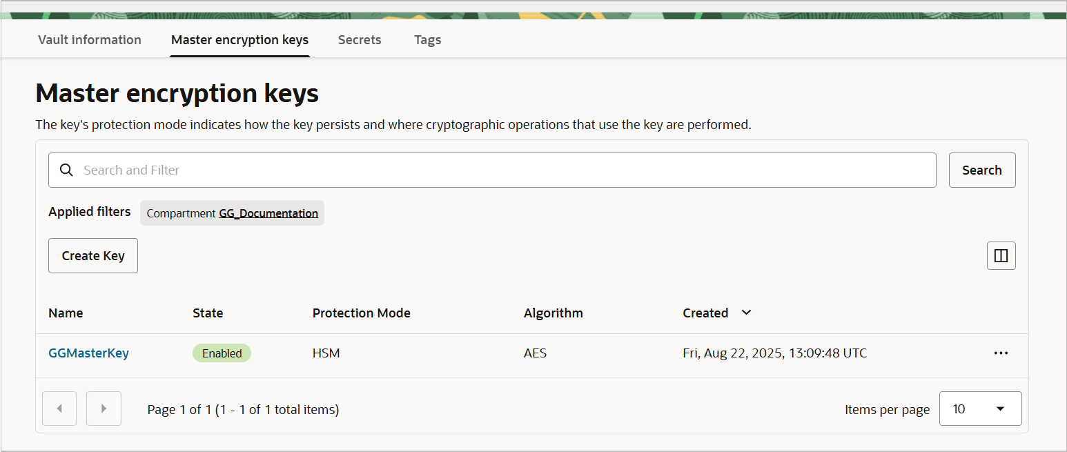 Generated master key is listed on the Master encryption keys page