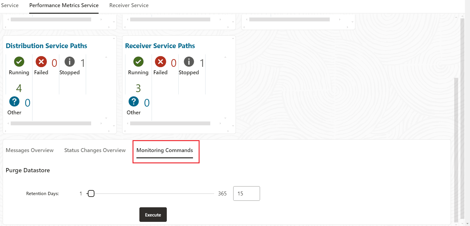 Monitoring Commands tab in Performance Metrics Service with the Purge Datastore option