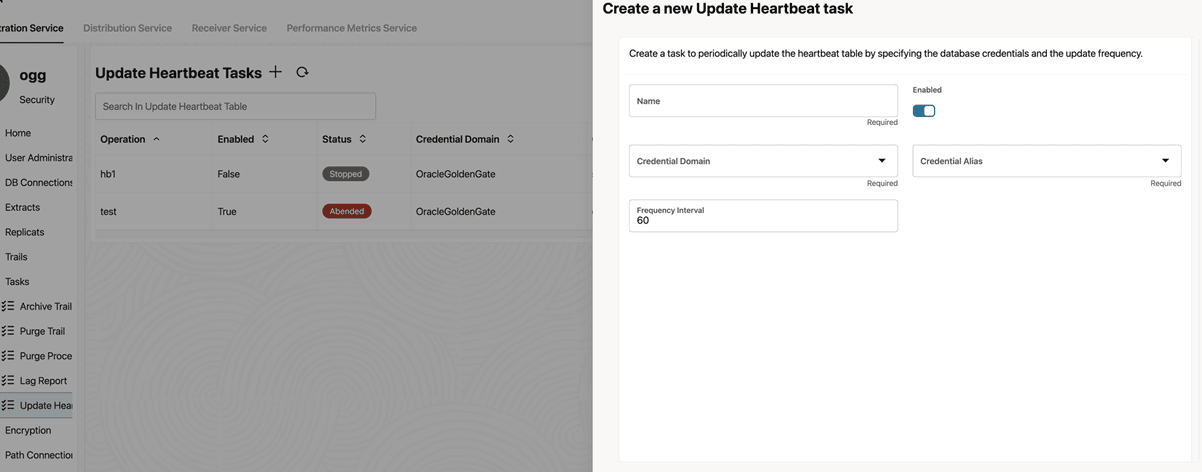 Create a new Update Heartbeat Task dialog box with options to choose database credential alias, domain, and specify a frequency interval for performing the automatic update of the heartbeat table.