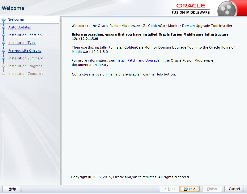 Oracle GoldenGate Monitor Domain Upgrade Tool Installer - Welcome Screen