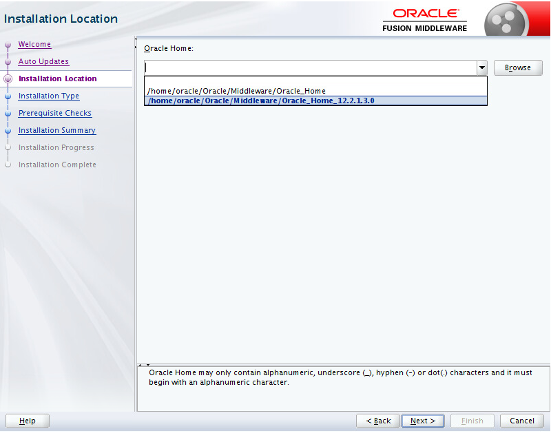 Select the Installation Location from the 'Oracle Home' drop-down list.