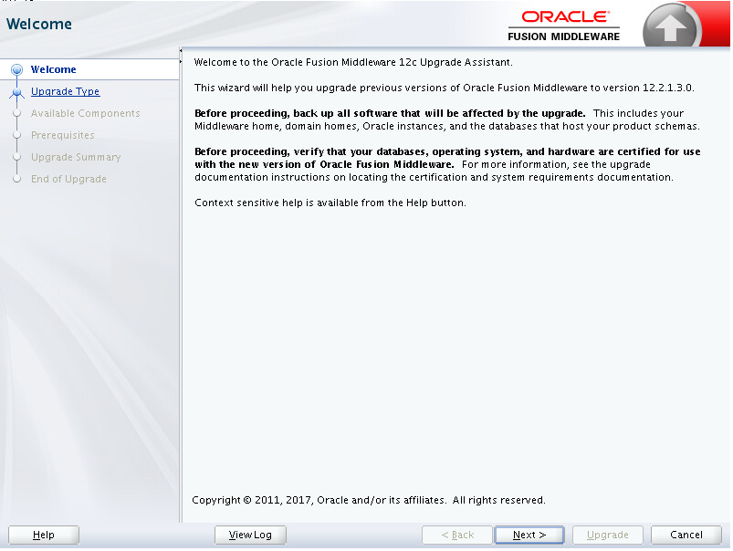 Oracle Fusion Middleware Upgrade Assistant Welcome page