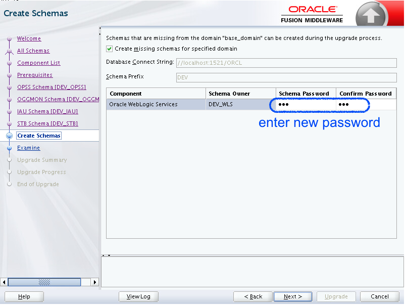 In the Create Schemas page, you can create missing schemas (missing from the base domain) during the upgrade process.