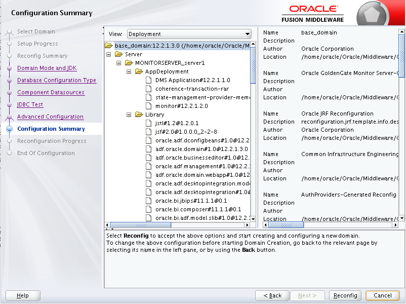The Configuration Summary page displays the details of the reconfiguration.