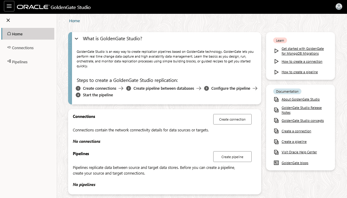 Oracle GoldenGate Studio Home page Oracle GoldenGate Studio Home page