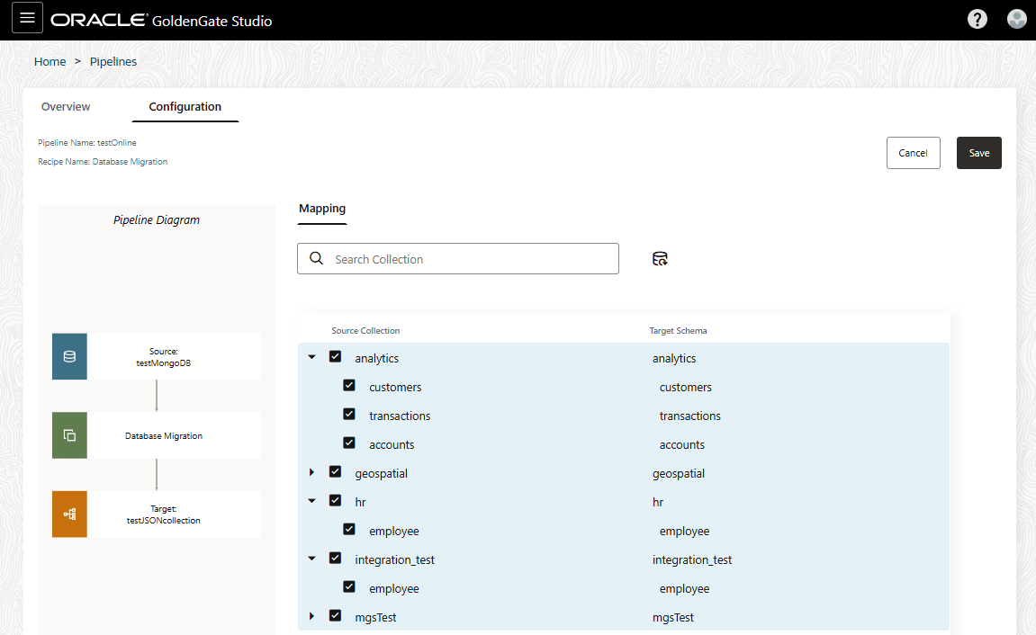 The image shows the pipeline mapping screen where you can edit the database/schema or collection/table names and include or exclude schemas and tables to replicate to the target database. The image shows the pipeline mapping screen where you can edit the database/schema or collection/table names and include or exclude schemas and tables to replicate to the target database.