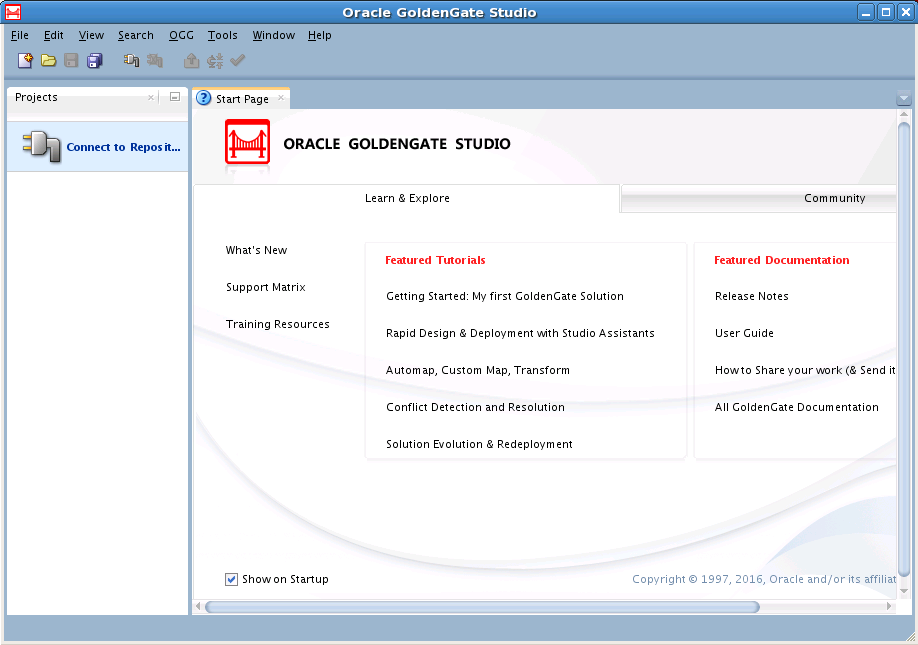 Oracle GoldenGate Studio Main Window Oracle GoldenGate Studio Main Window