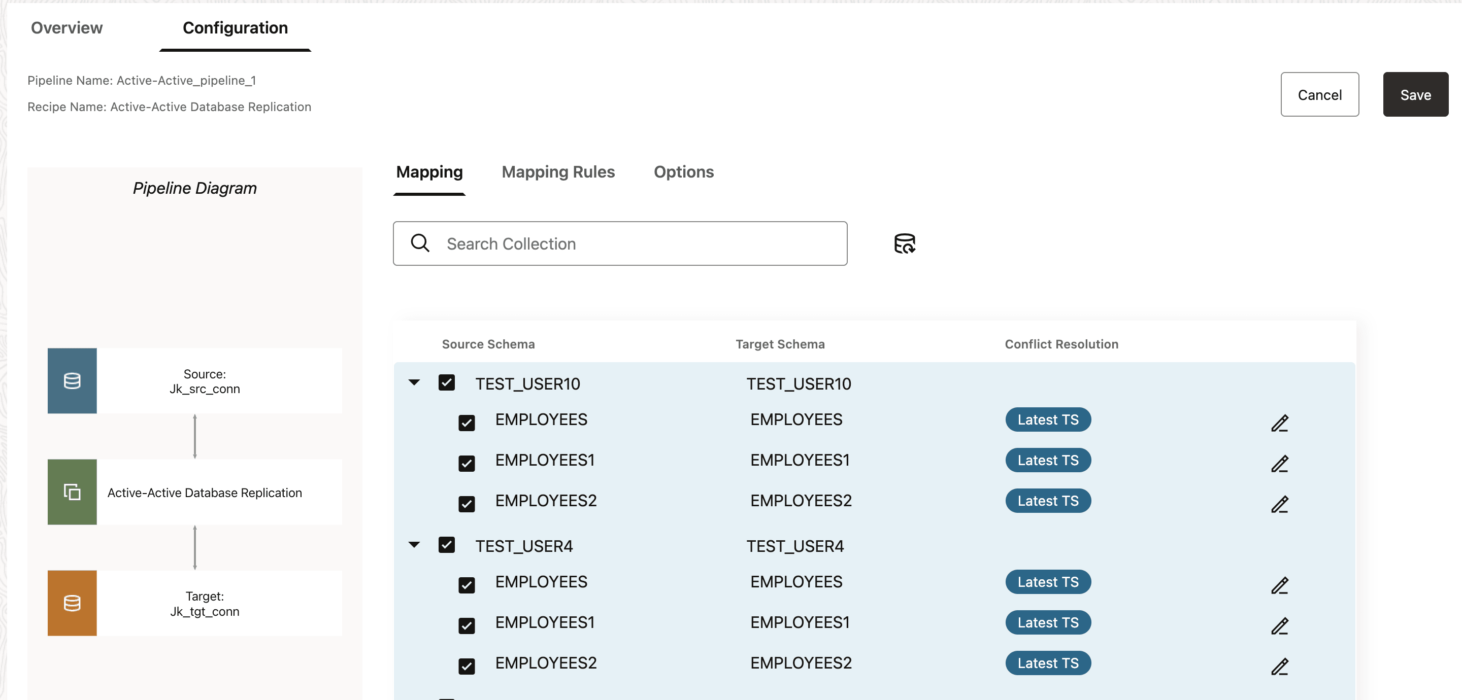 Conflict Detection column for an active-active replication pipeline displaying the status along with specified timestamp
