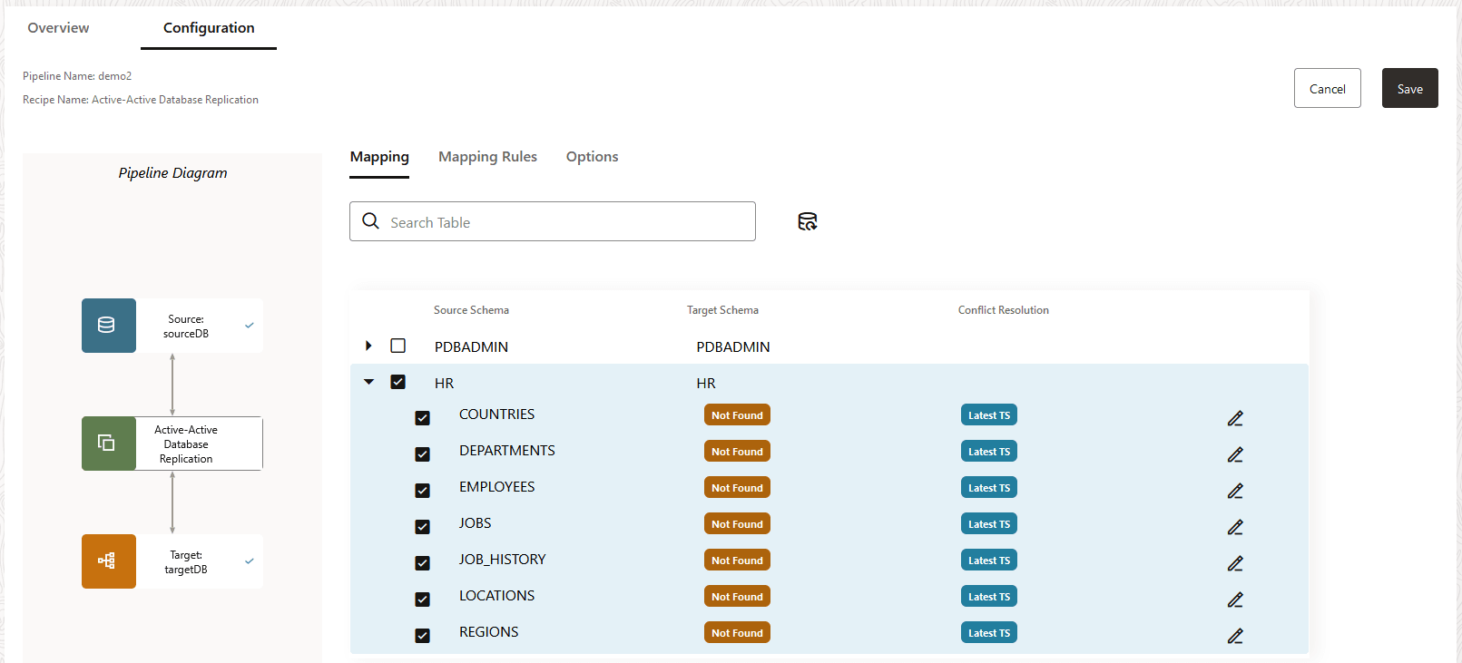 The mapping screen of a Pipeline Configuration.
