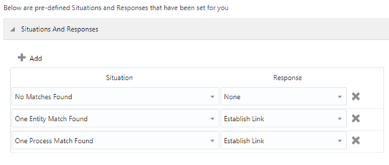 This is a screenshot of the default situations and responses available for an Axure AD target application during reconciliation.
