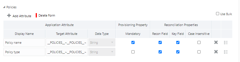 This is a screenshot of the Schema page for a target application that displays the default policy child attribute mapping.