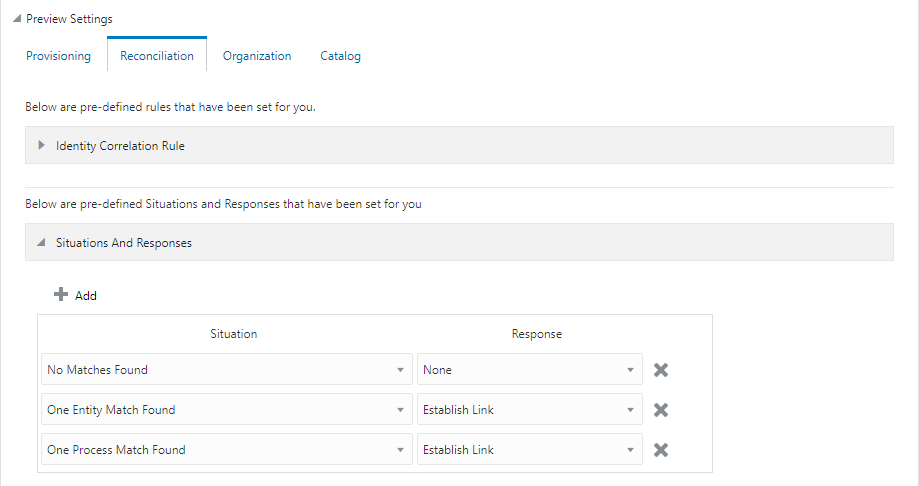 This is a screen shot of the default situations and responses available for the Google Cloud Platform application during reconciliation.