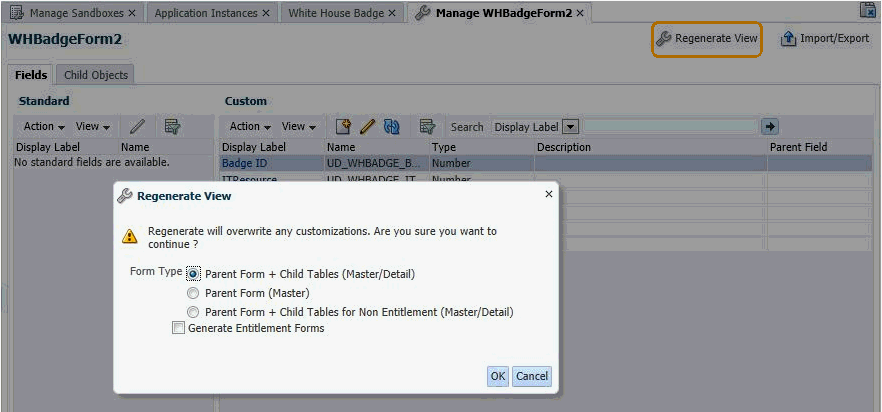 The Regenerate View popup window with the Generate Entitlement Forms option.