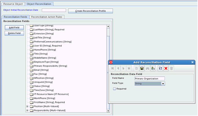 This screenshot displays the Add Reconciliation Field dialog box