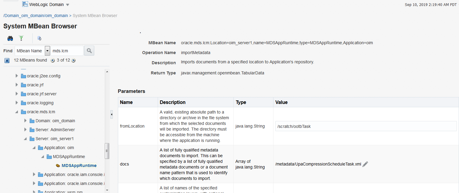 Example values in the MDSAppRuntime page in System MBean Browser while importing the scheduled task definition to MDS