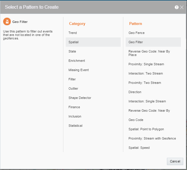 In Select a Pattern to Create dialog box, under Spatial, Geo Fence Filter: Inside option