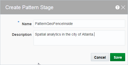 Create Pattern Stage dialog box with Name and Description fields