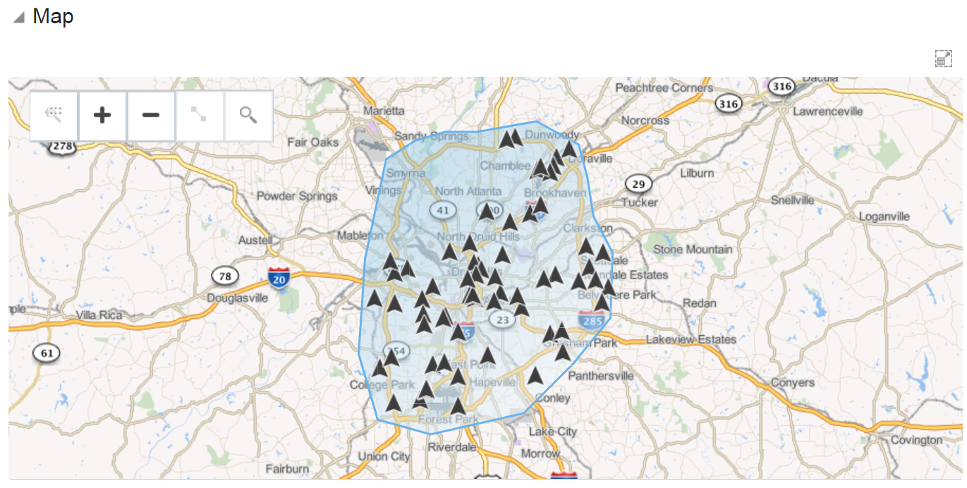 Map section indicating vehicles within the Atlanta Geo-Fence