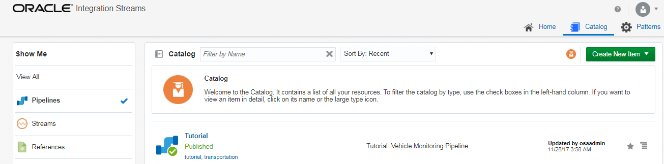 Home page with the published Tutorial pipeline