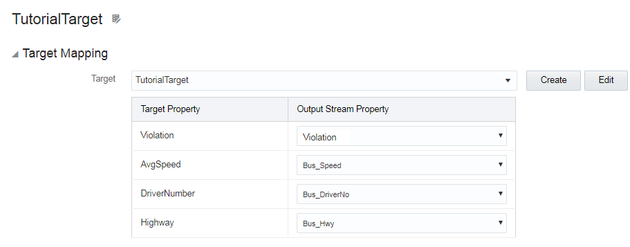 Target Mapping page with target and output stream properties