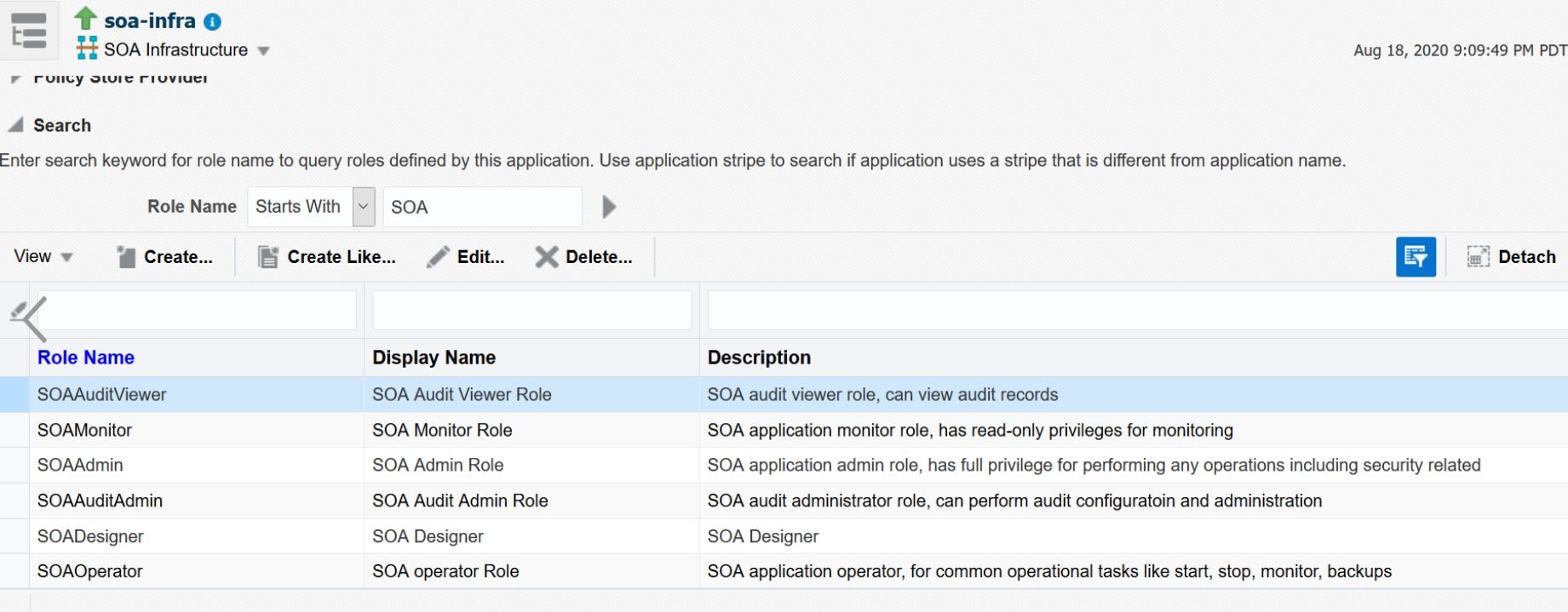 SOA roles in Oracle Enterprise Manager Fusion Middleware Control