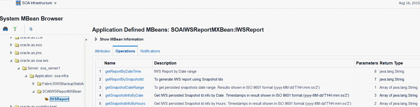 System MBean Browser showing IWSReport Operations tab.