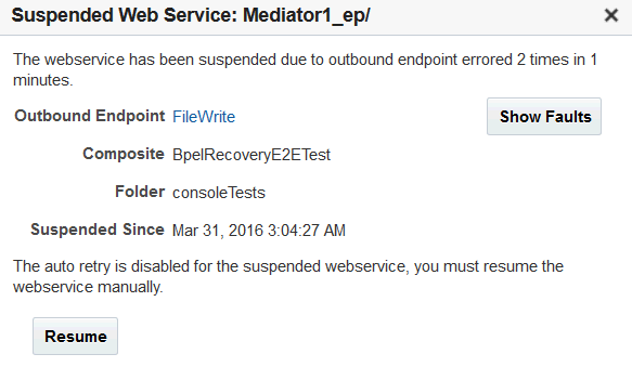 suspended service details, includes the Resume button.