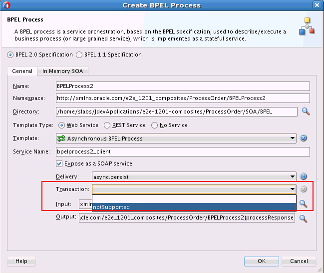 Create BPEL Process dialog Create BPEL Process dialog