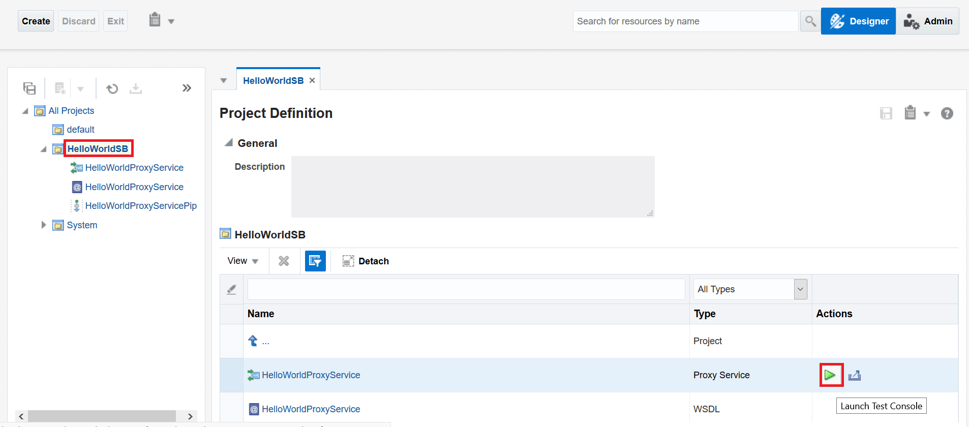 JDEV OSB servicebus launch test console