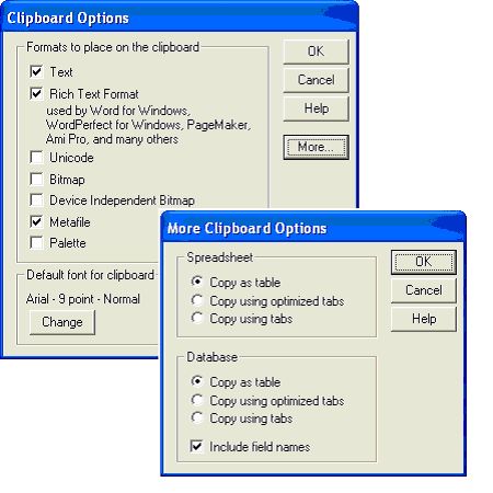 Screen images of the Clipboard Options dialogs