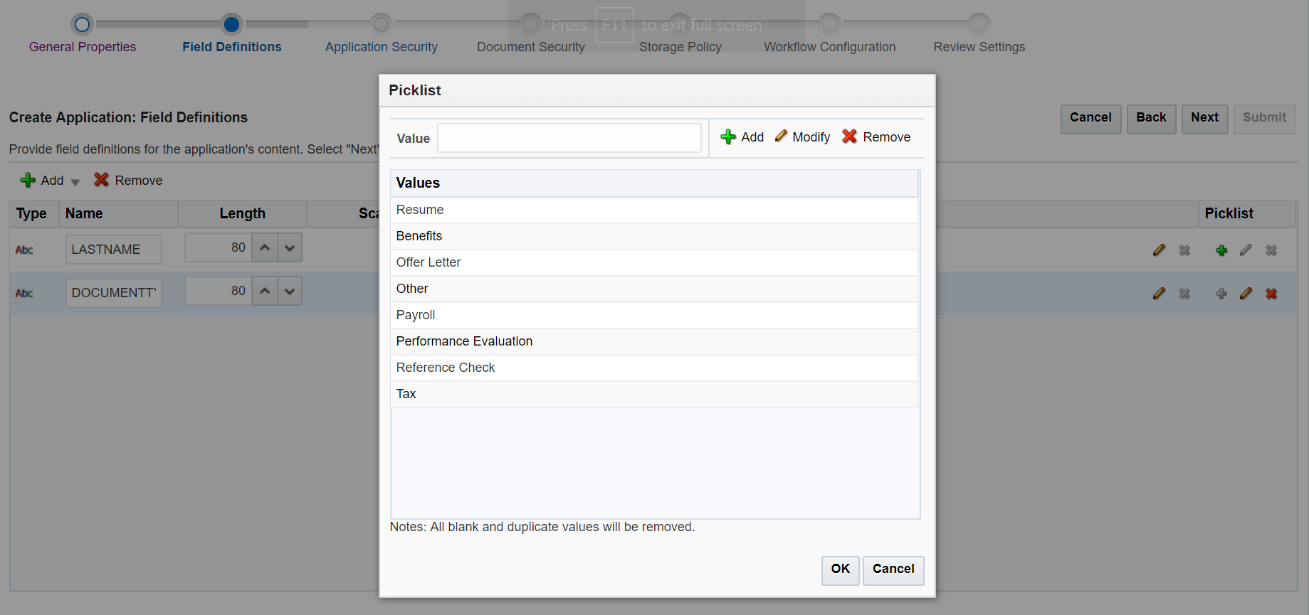 Create Application: Field Definitions