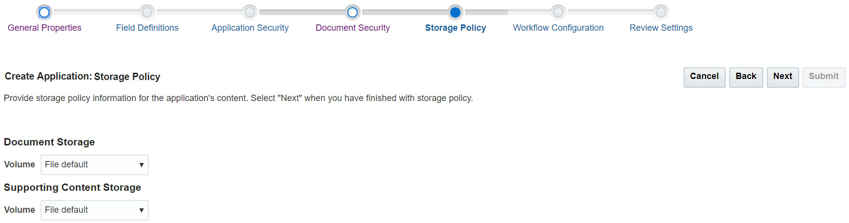 Creating Application: Storage Policy
