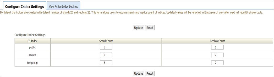 Configure Index Settings page
