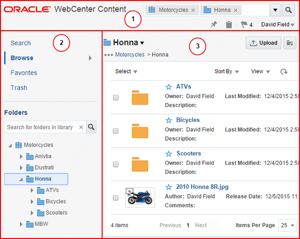 This image displays the WebCenter Content UI