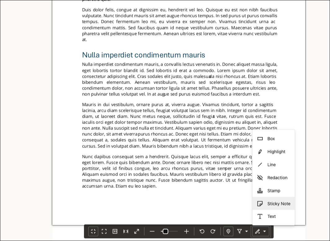 This image shows the image viewer toolbar with the ‘Create annotation’ button highlighted with a red square and its drop-down menu open, showing the available annotation types.
