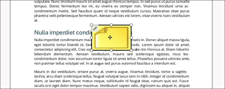 This image shows a newly created sticky note annotation in its selected state, with create icon grab handled and move cursor.