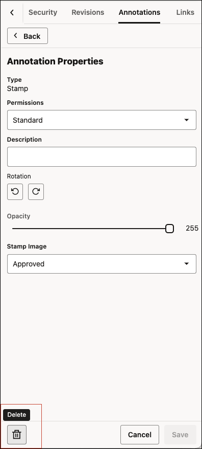 This image shows the Delete icon available in the Annotations tab in Edit mode.